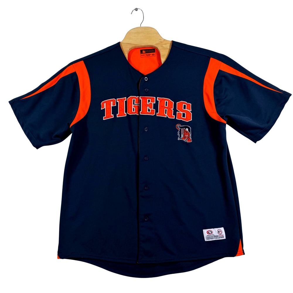 True Fan Detroit‎ Tigers Baseball Jersey Mens XL Navy Blue Orange MLB Button Up